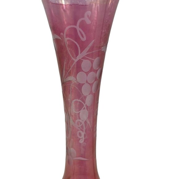 Cranberry Glass Bud Vase w/Etched Grape Vine Design-Clear Scalloped-Fenton C203 - Picture 5 of 6